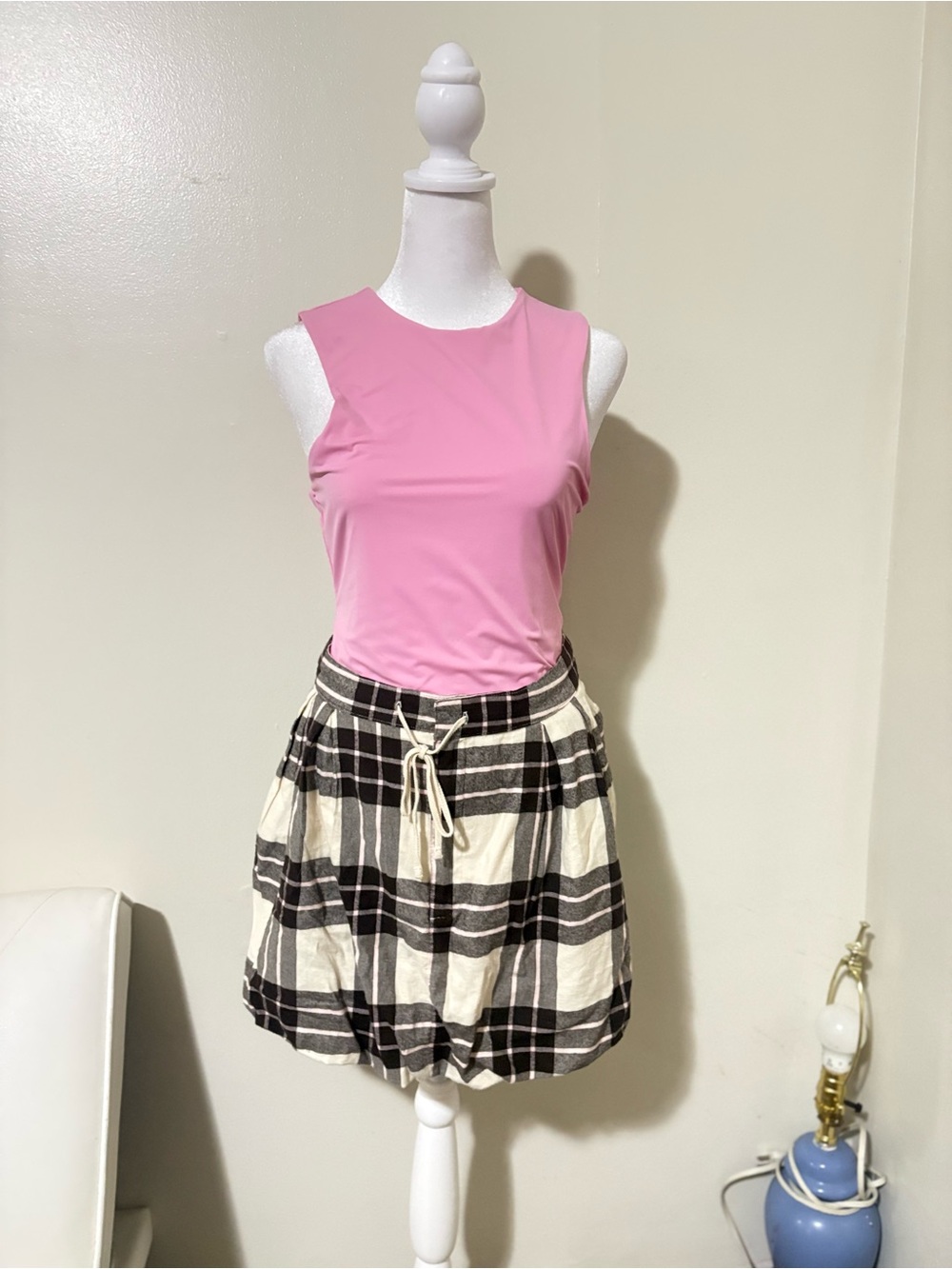 aerie Black and Cream Plaid Mini Skirt